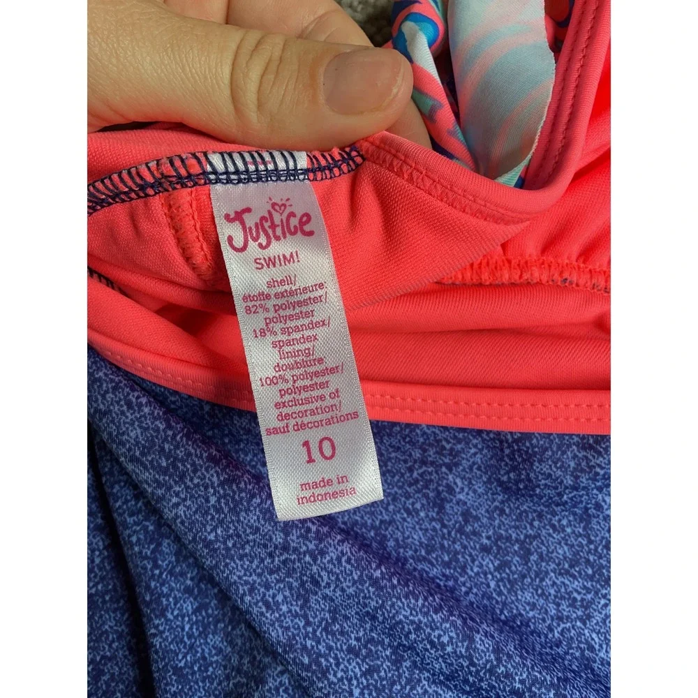 Justice Girls Blue Pink Geometric Ruffle Tankini Two Piece Swimsuit Size 10